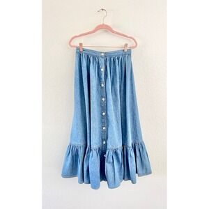 90s Vittadini Sport Denim Midi Skirt Womens S Blue Button Front Ruffle Vintage